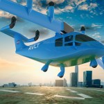 Artist concept of a vertical lift vehicle at a vertiport at sunset.
