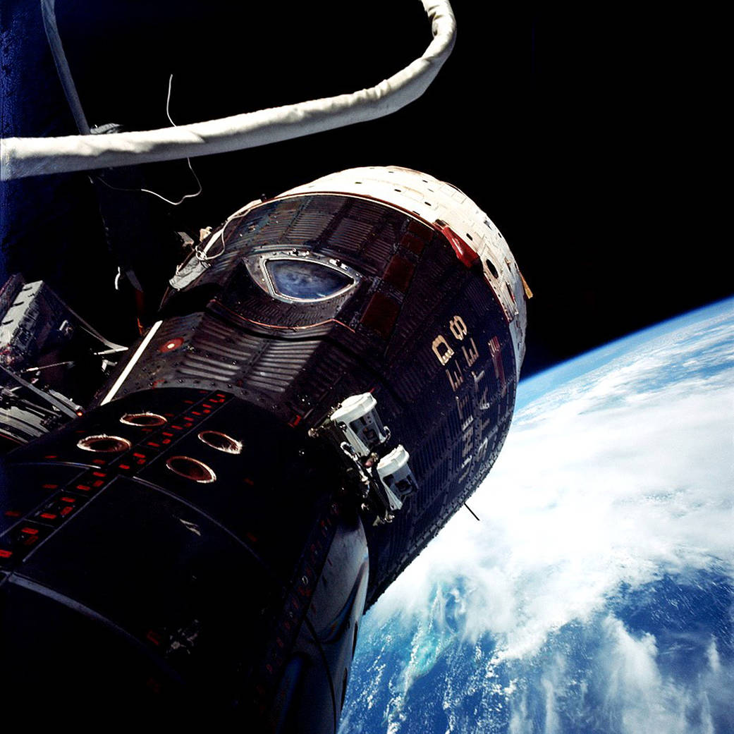 View of the Gemini IX spacecraft during Gene Cernan's EVA