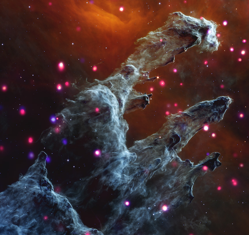 the Eagle Nebula, often referred to as the "Pillars of Creation". Here, tall columns of grey gas and dust emerge from the bottom edge of the image,...